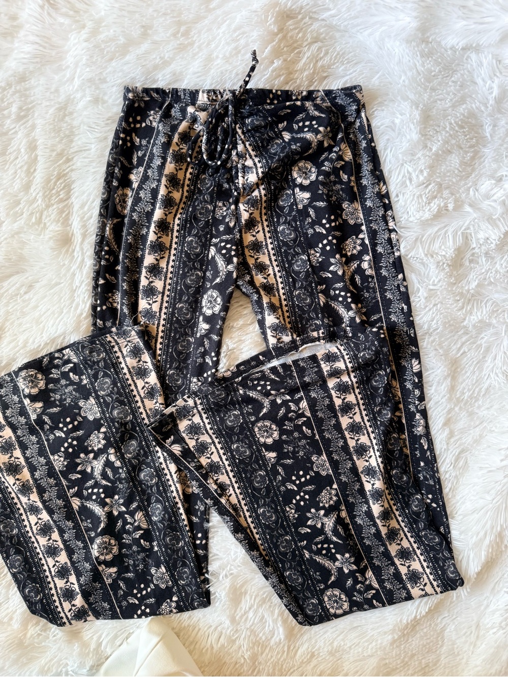 Black and Cream Floral Stripe Wide Leg Leggings